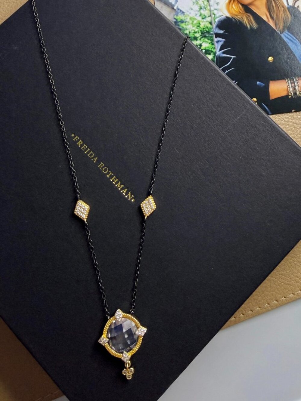 FREIDA ROTHMAN Mirror Stone Black & Gold Pendant Necklace
